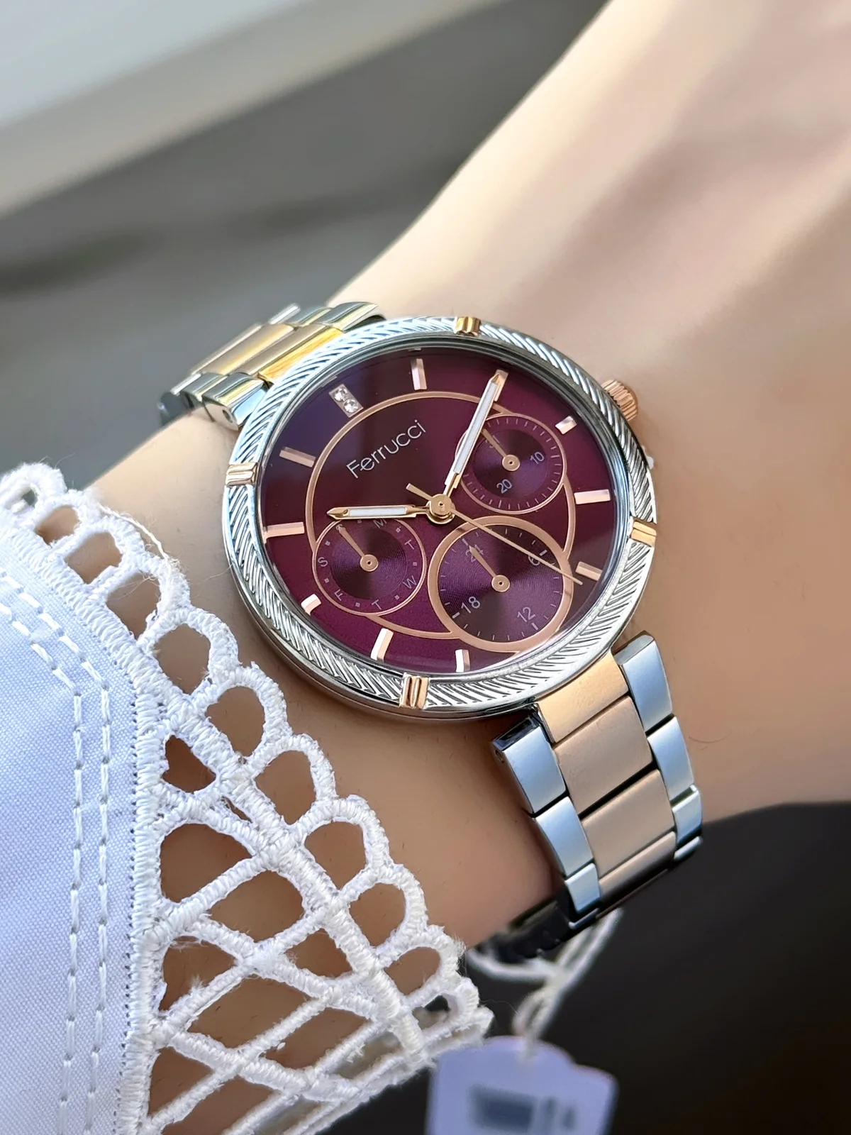 Ferrucci FBG17069A Bordo Kadranlı Çelik Kordonlu Kadın Kol Saati