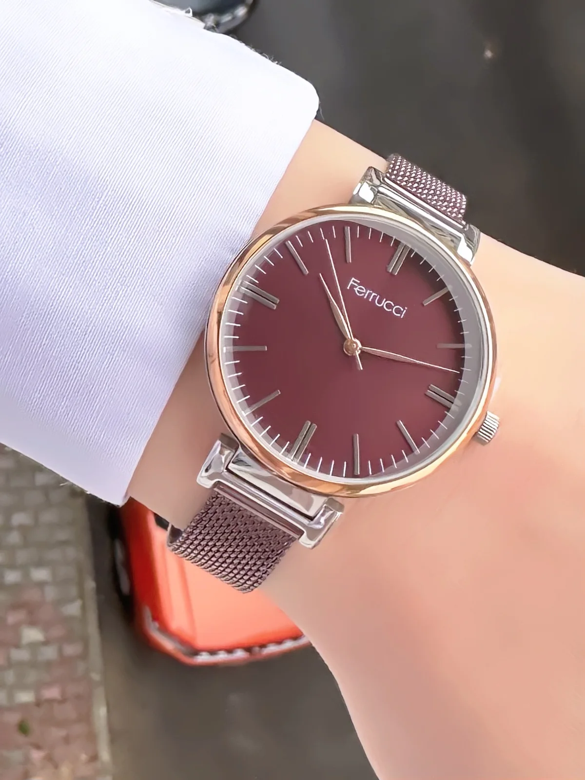 Ferrucci FBG17089A Bordo Kadranlı Hasır Kordonlu Kadın Kol Saati