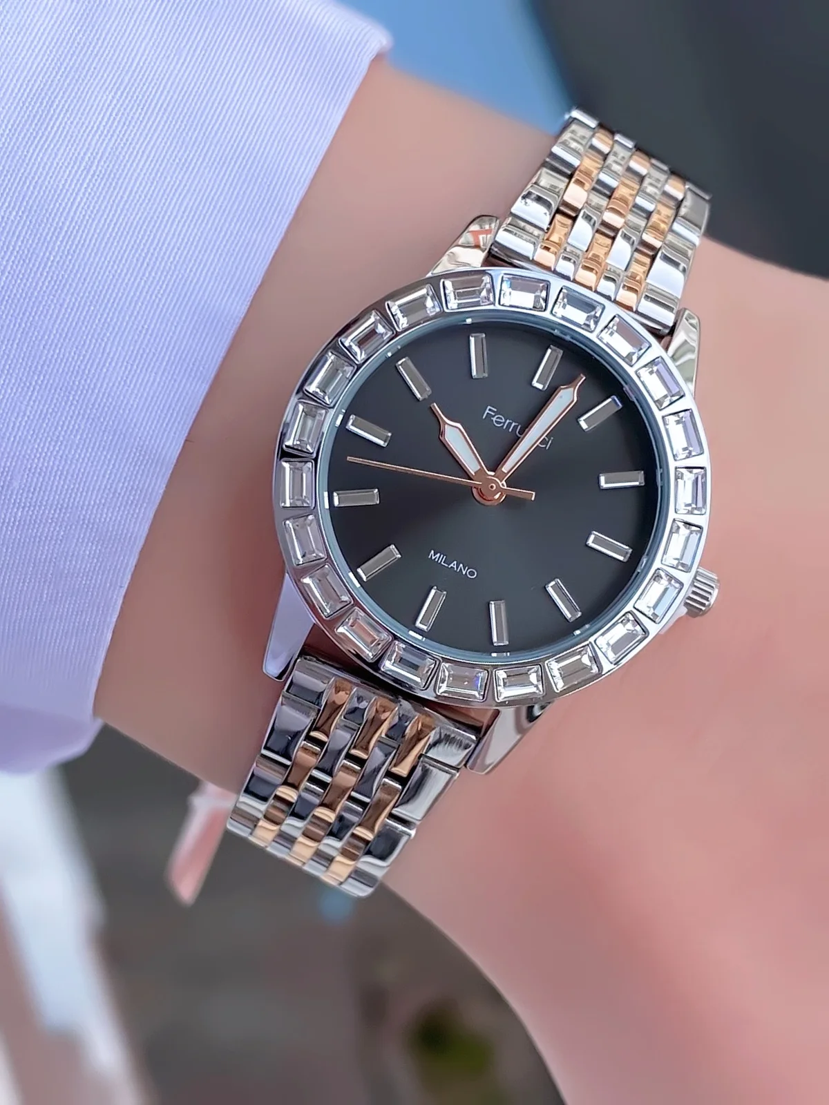 Ferrucci FBG17200A Siyah Kadranlı Çelik Kordonlu Kadın Kol Saati