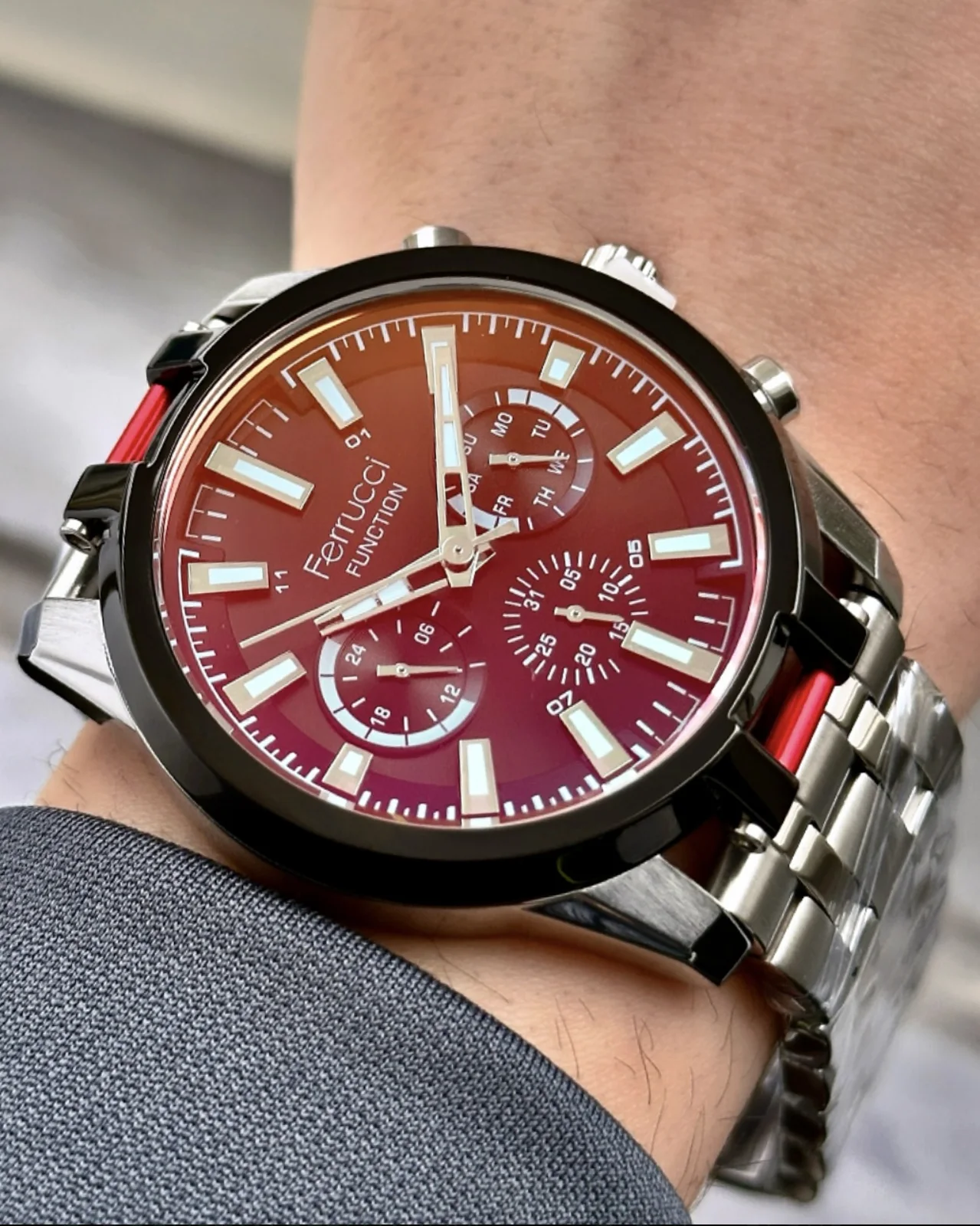 Ferrucci FEH28055B Bordo Kadranlı Çelik Kordonlu Erkek Kol Saati