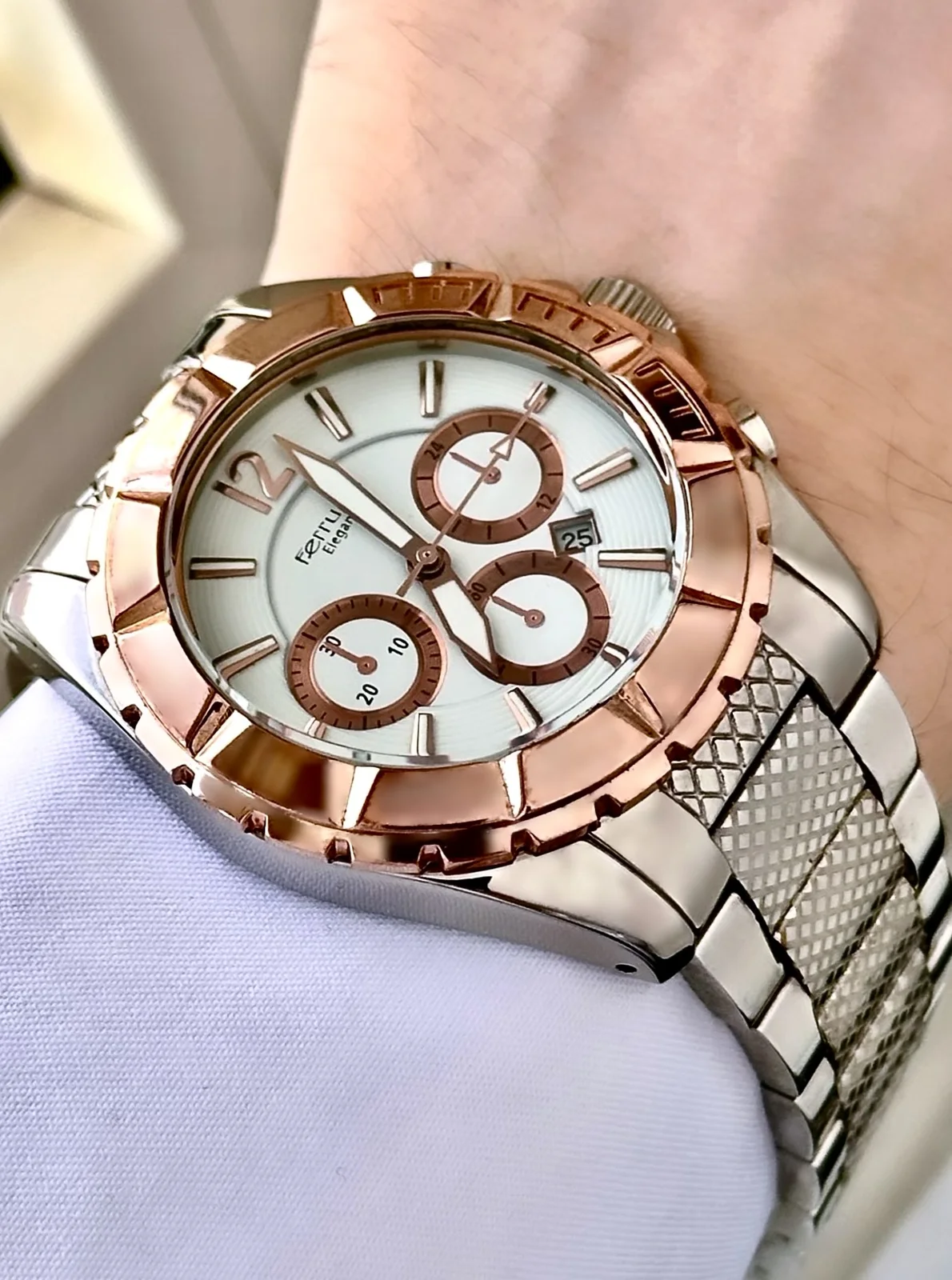 Ferrucci FEH28075A Beyaz Kadranlı Çelik Kordonlu Erkek Kol Saati